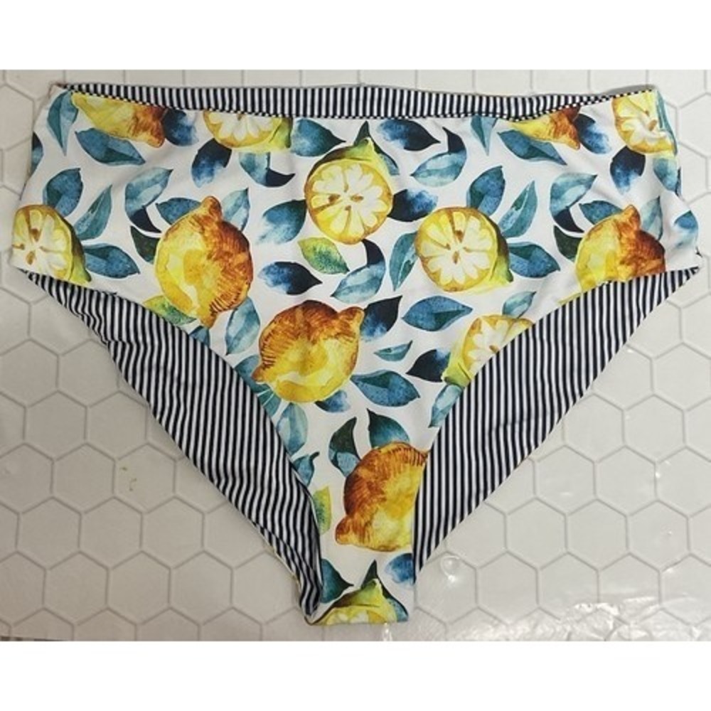 NWOT Cupshe Lemons Print Striped High Rise Reversible Bikini Bottoms Women 1X